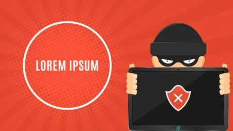 The hacker is holding a hacked electronic device in his hands. Electronic hig Illustrazione stock