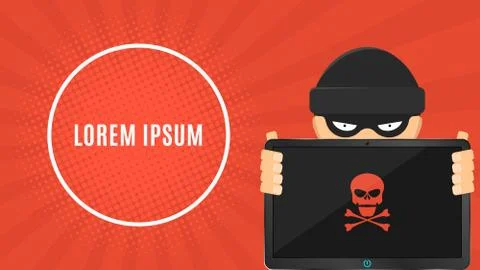 The hacker is holding a hacked electronic device in his hands. Electronic hig Stock Illustration