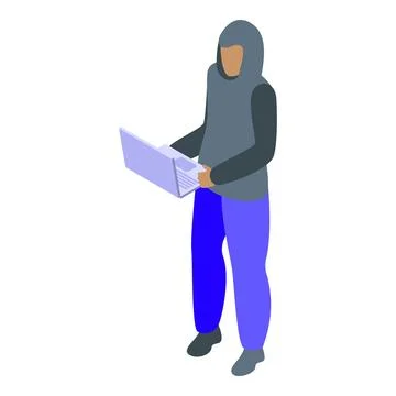 Hacker holding laptop and performing cyber crime Illustrazione stock