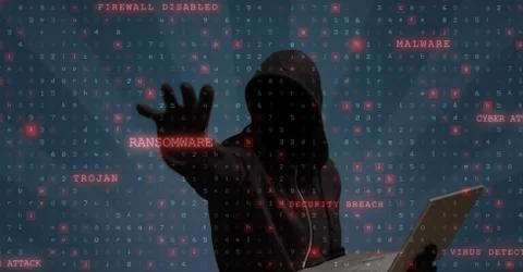 Hacker holding laptop while touching text on screen Stock Photos