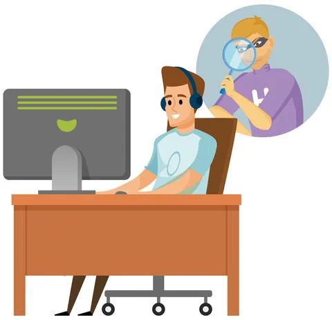 Hacker holding magnifier, plotting to hack computer protection system. Man Stock Illustration