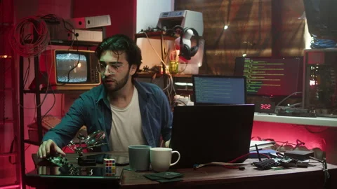 Hacker holding microchip and using laptop. Young Spanish man developing program Stock-Footage 164773199