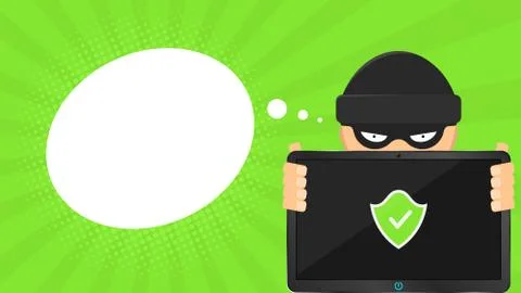 A hacker is holding a secure computer in his hands. Electronic high-tech tabl 库存插图