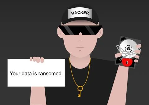 Hacker holds the hard disk locked. Show data ransom notice イラスト素材