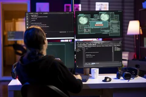 Hacker at home getting access denied error while doing computer sabotage Stock Photos