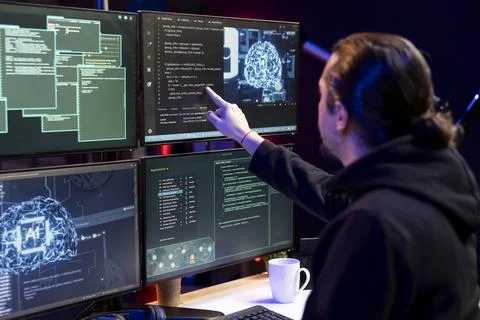 Hacker at home neural network app on PC to breach company security 写真素材