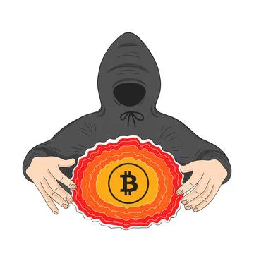 Hacker in hood and bticoin symbol. Vector cartoon character illustration icon Stock Illustration