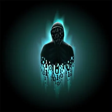 Hacker in a hood with binary code on a blue background, hacking of a computer Stock Illustration