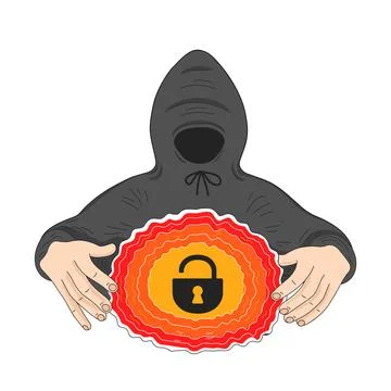 Hacker in hood breaks the defense. Vector cartoon character illustration icon Stock Illustration