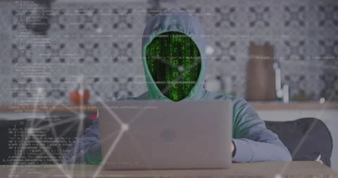 Hacker in hood, code face, working in room laptop typing digital virtus script Vidéo 259184091