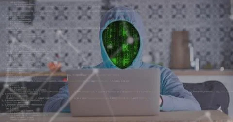 Hacker in hood, code face, working in room laptop typing digital virtus script Stock Photos