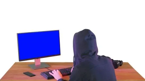 Hacker in hood cracking code using pc on white background. 스톡 사진