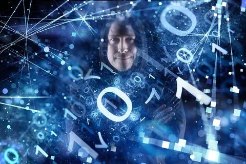Hacker in hood with glowing binary codes Stock Photos