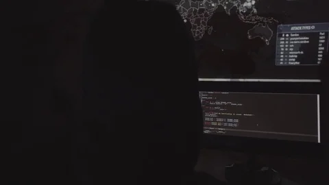 Hacker in hood hacking and writing lines of code Stock Footage 73454765