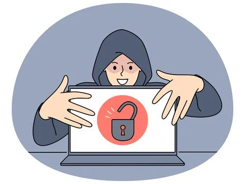 Hacker in hood steal information from computer Stock Illustration