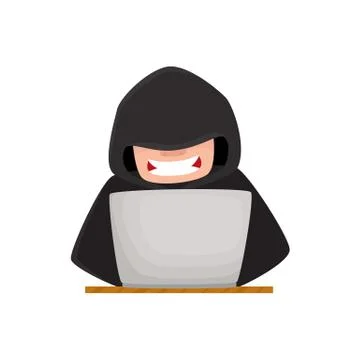 Hacker in hood, using laptop for computer attack Stock Illustration