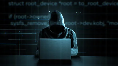 Hacker in Hood Working in Dark Abstract Room Laptop Keyboard Typing with Digital 動画素材 245426438