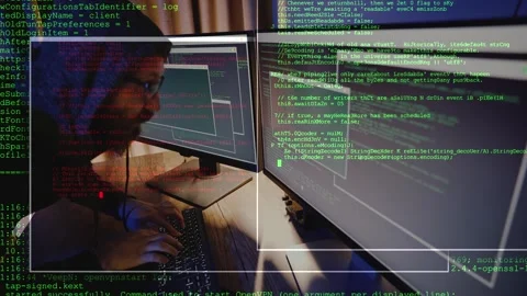 Hacker in hood works on multiple monitors, cracks passwords and infiltrates bank 스톡 동영상 300310881