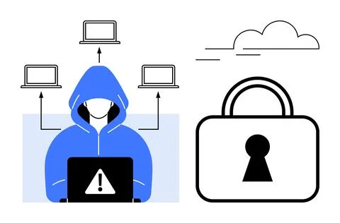 Hacker in Hooded Jacket Accessing Multiple Laptops Connected to Cloud Secur.. Illustrazione stock
