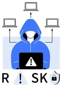 Hacker in a Hoodie Accessing Multiple Laptops and Raising Security Risk Awa.. Stock Illustration