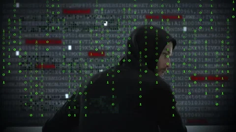 Hacker in hoodie with binary code and data breach animation over background Stock Footage 303739881