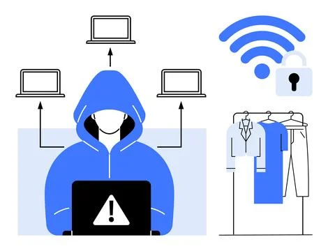 Hacker in hoodie on laptop, multiple connected devices, wireless icon with pa Illustrazione stock