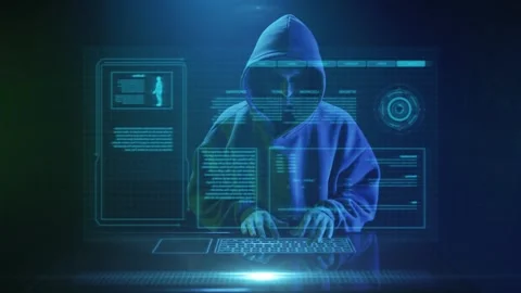 Hacker in hoodie using futuristic digital interface Vídeos de archivo 312522939