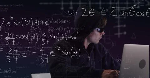 Hacker in hoodie using laptop with complex math equations on screen Stock Illustration