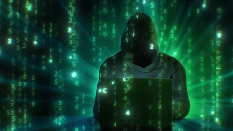 Hacker in Hoodie Working in Dark Abstract Space Laptop Keyboard Typing Matrix Stock Footage 295934552