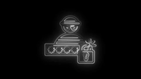 Hacker icon with password input and unlocked padlock glowing neon on black Stock Footage 333970417