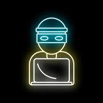 Hacker icon stealing data using laptop neon sign イラスト素材