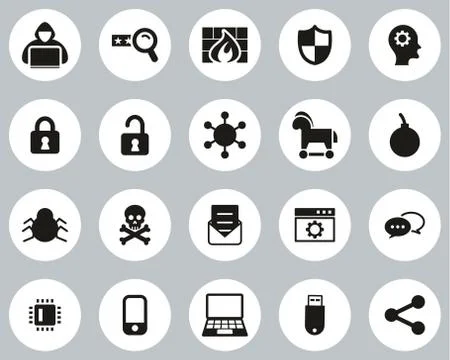 Hacker Icons Black &amp; White Flat Design Circle Set Big Stock-Illustration
