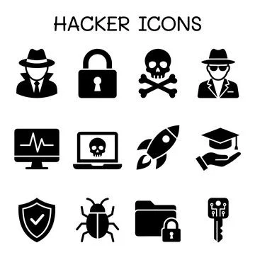 Hacker icons collection with computer, lock, skull, spy, bug, key, rocket, .. Stock Illustration