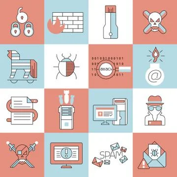 Hacker icons set flat line Stock Illustration