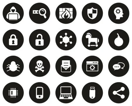Hacker Icons White On Black Flat Design Circle Set Big Stock Illustration