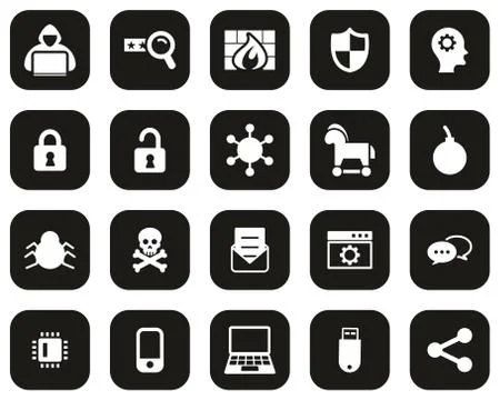 Hacker Icons White On Black Flat Design Set Big Stock Illustration