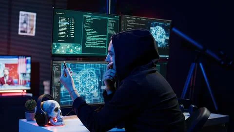 Hacker inserting USB stick in computer after managing to steal sensitive data Stock Photos