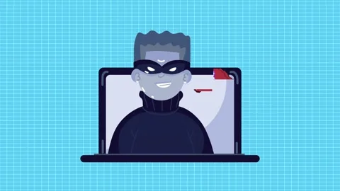 Hacker inside laptop screen with warning sign motion graphic. Stock Footage 333805228