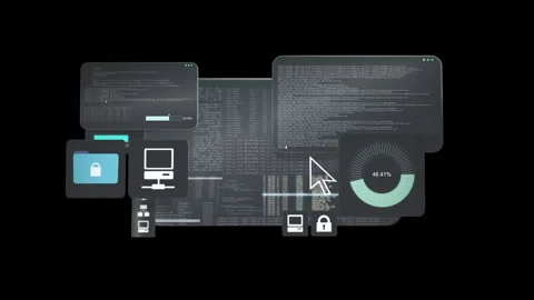 Hacker interface with different windows, lines of code programs, loading bars Stock Footage 262455137