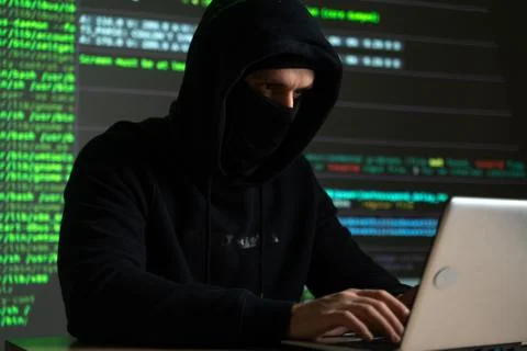 Hacker internet computer crime cyber attack network security programming code Foto stock