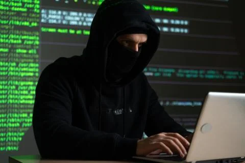 Hacker internet computer crime cyber attack network security programming code 库存照片