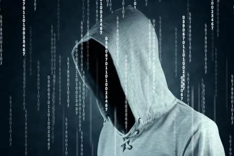 Hacker isloated on black with binary codes on background 库存照片