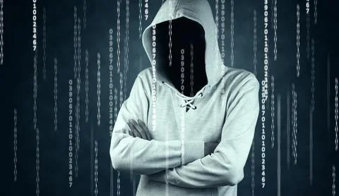 Hacker isloated on black with binary codes on background Stock Photos