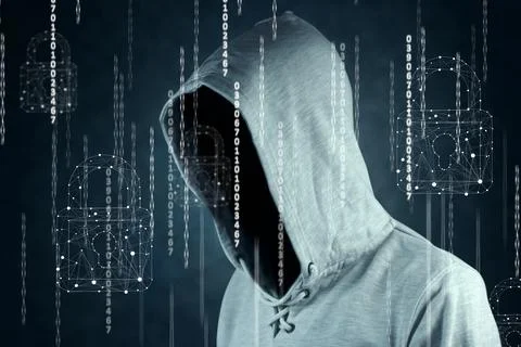 Hacker isloated on black with binary codes on background 库存照片