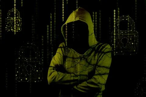 Hacker isloated on black with binary codes on background 库存照片