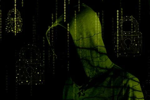 Hacker isloated on black with binary codes on background 库存照片
