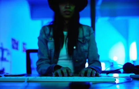 Hacker, keyboard or typing hands in neon coding, cybersecurity ransomware SEO or Stock Photos