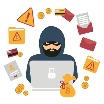Hacker, laptop and bitcoin cryptocurrency robbery Stock Illustration