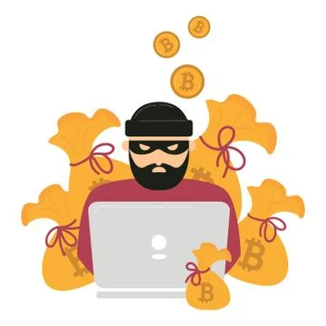 Hacker, laptop and bitcoin cryptocurrency robbery Stock Illustration