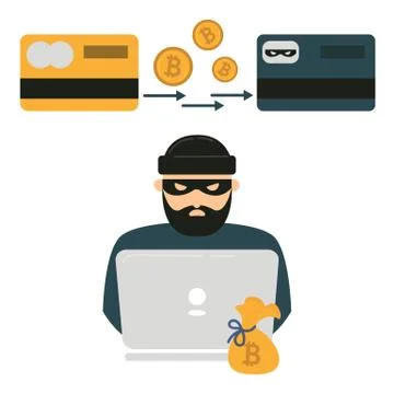 Hacker, laptop and bitcoin cryptocurrency robbery Stock Illustration